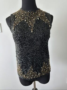 VINTAGE Black Sequin gold beaded Sleeveless wool knit Shell with full zipper
